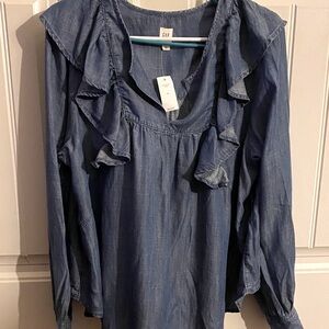 GAP Women's Denim Blue Soft Ruffle Blouse Size XL